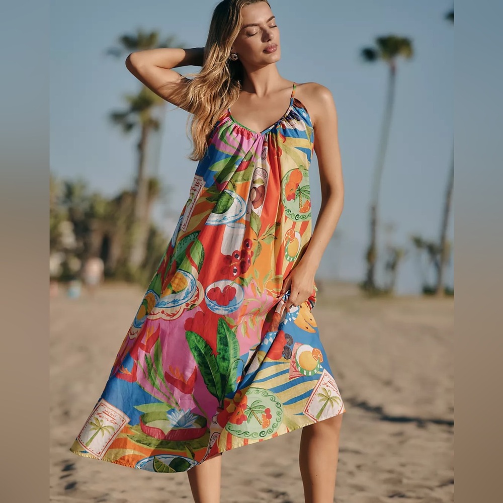 NWT Farm Rio Summer Picnic Sleeveless V-Neck Midi Dress Women’s Medium Vacation